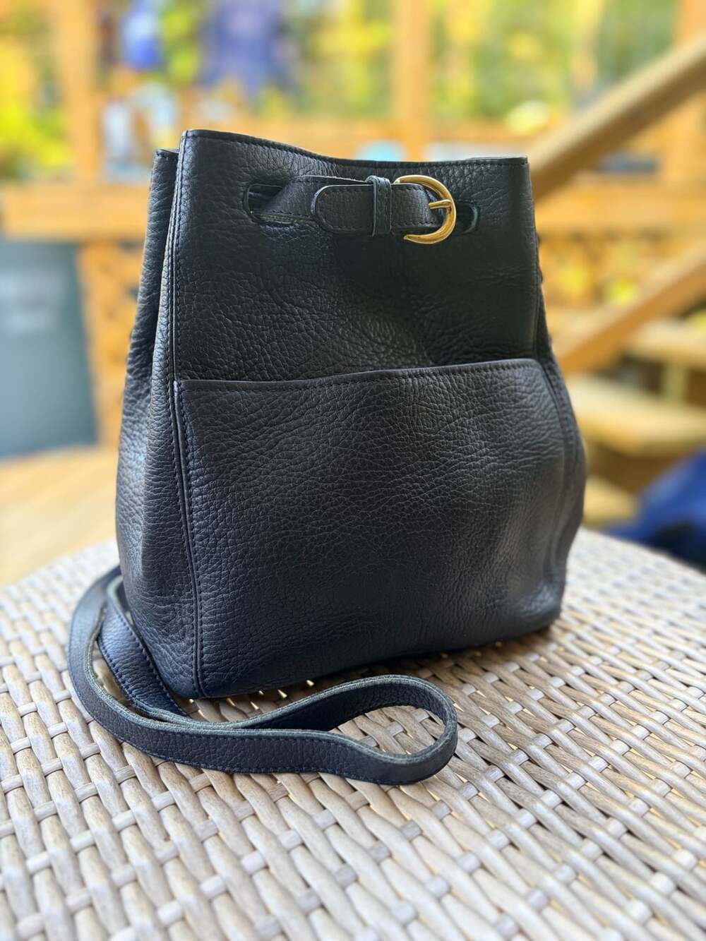 Green Fields Vintage Black Pebble Leather Drawstring Bucket Bag Purse